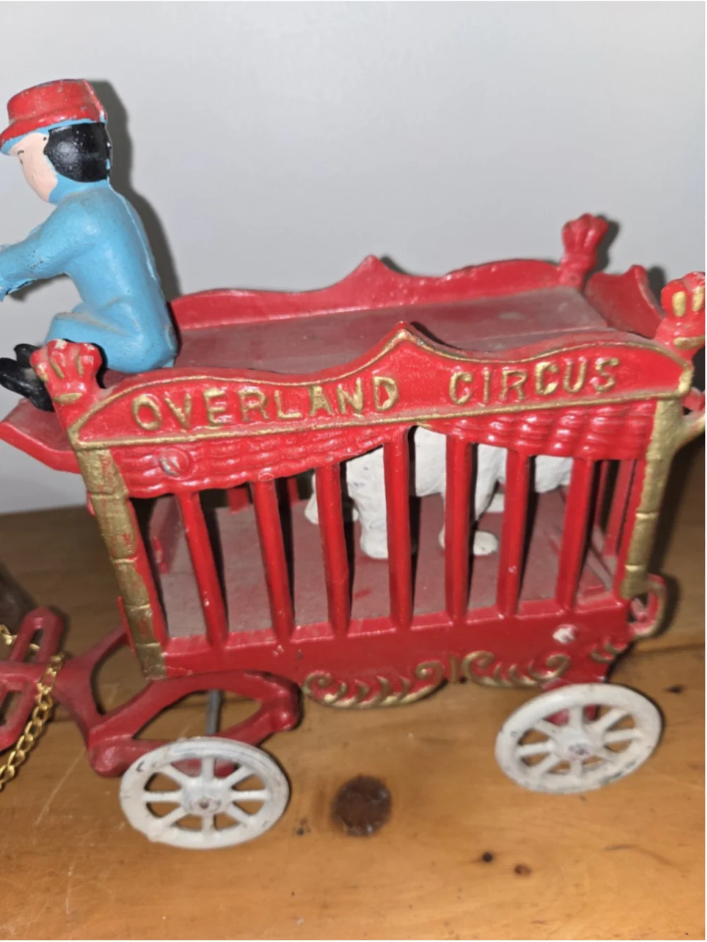 Vintage Cast Iron Overland Circus Wagon 2 Horses 3 Men Polar Bear Pull Toy 16